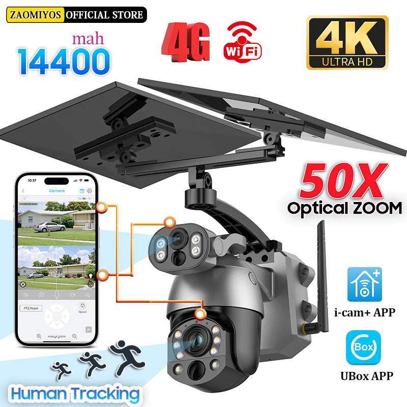 Smart Home Outdoor Camera - ソーラーIP屋外監視カメラ,デュアルレンズ,暗視,pir,cctvセキュリティ,バッテリー,4g sim,4k,50倍ズーム,10mp,360 °
