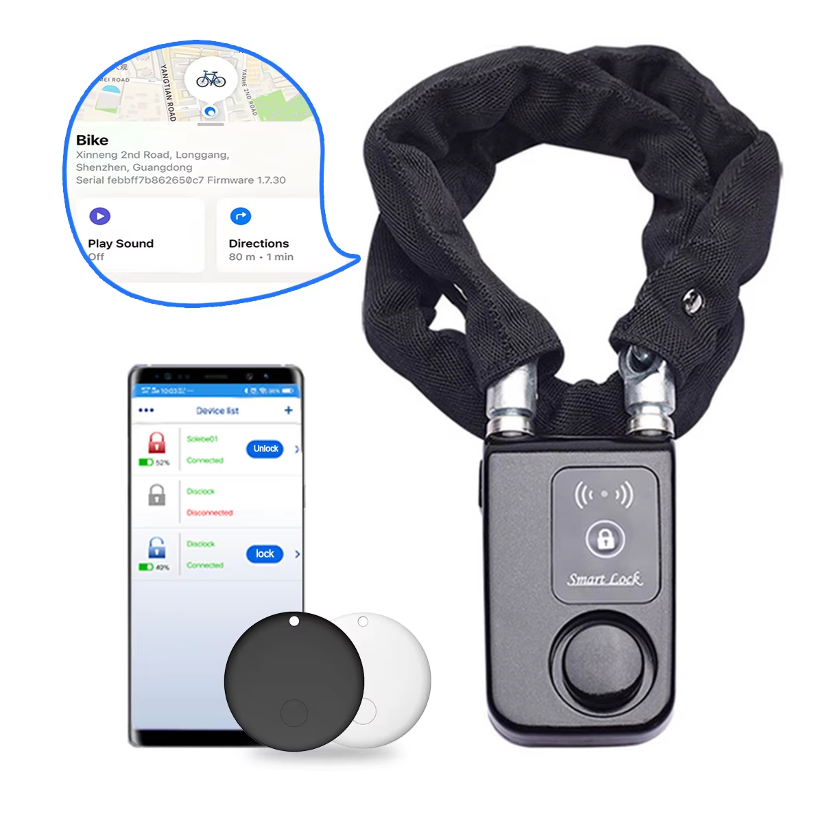 Smart Home Hub Apple - 110dBアラーム付きバイクチェーンロック、AirTagスロット搭載、IP55防水、盗難防止スチール製セキュリティロック（自転車、バイク、スクーター用）