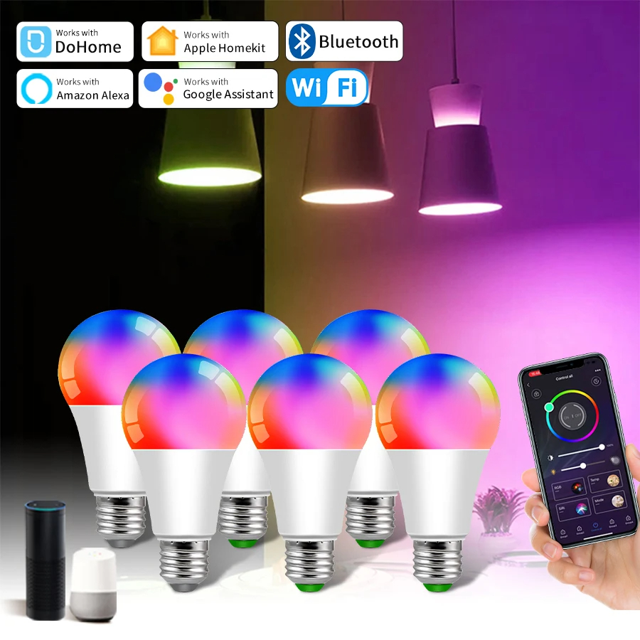 Smart Home Yellow - Dome-Smartphone RGBLED電球,Alexaランプ,e27,wifi,bluetooth,Googleアシスタント,スマートライフ