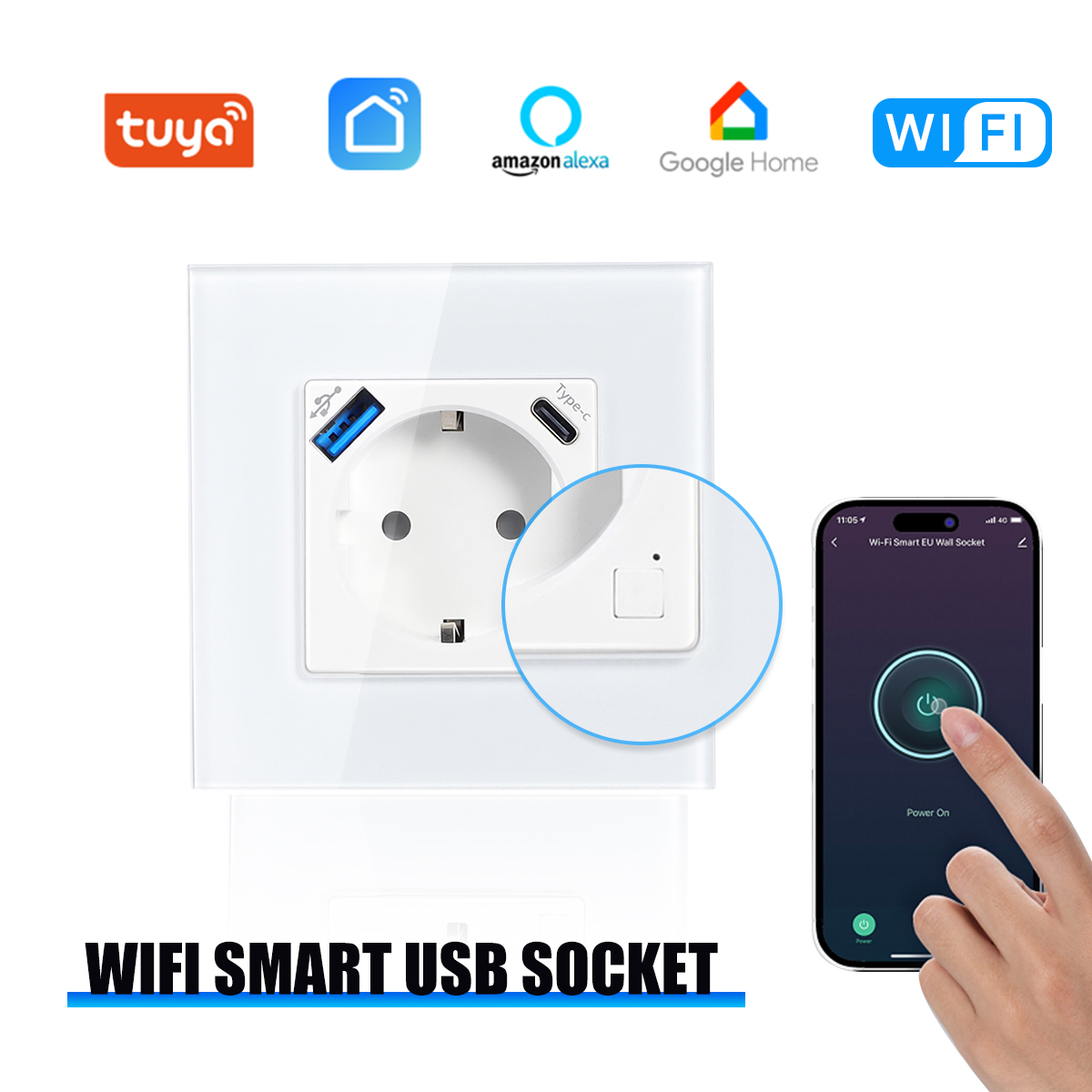 Smart Wall Socket - GEYA Wifi EUソケット、20W Type-C USBインターフェース急速充電ポート搭載スマートソケット、Tuya Smart